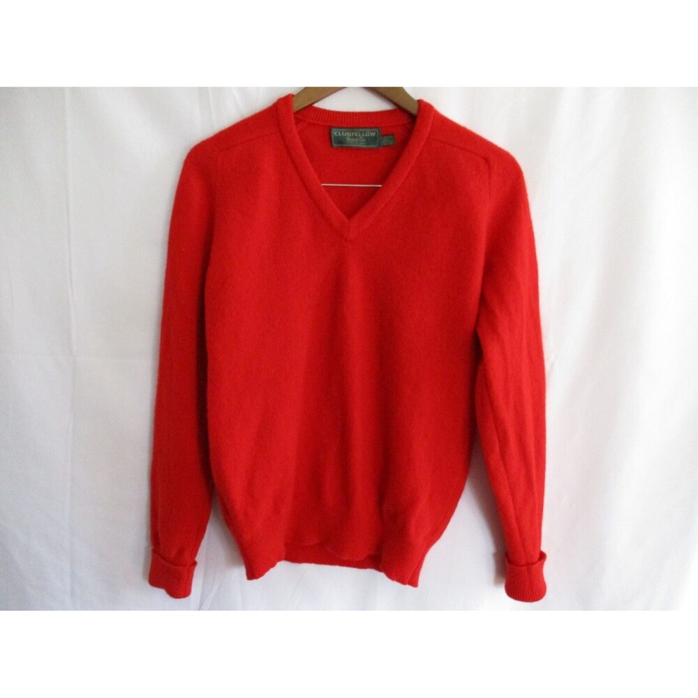Clubfellow Sweater Mens 100% Wool Red V Neck Pullover Sweater Size Large *